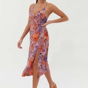 Urban Outfitters UO Lily Satin Wrap Floral Midi Dress